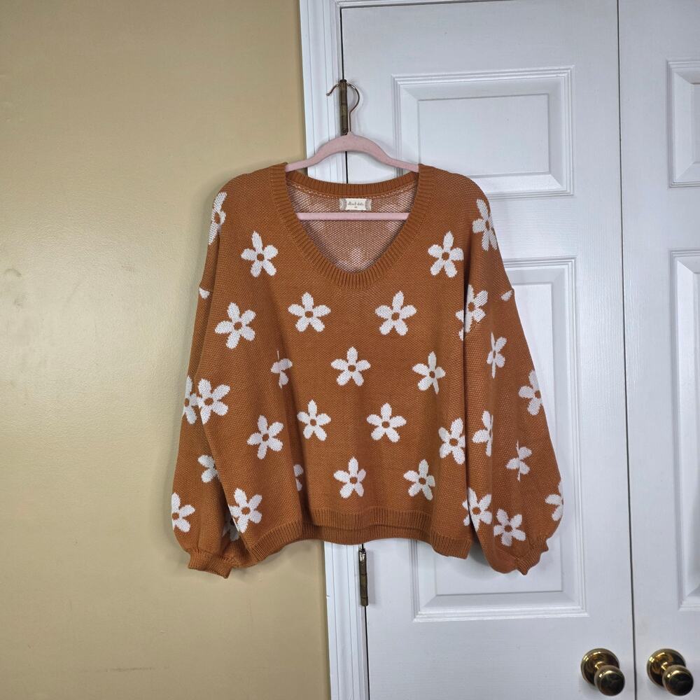 Altar'd State Women's Rust Orange Daisy Floral Oversized V-Neck Knit Sweater XS